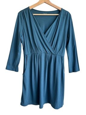 Garnet Hill Faux Wrap Jersey Mini Dress Teal Pockets Long Sleeve Medium Casual